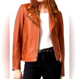 All Saints Cognac Brown Dalby Leather Jacket Size 4